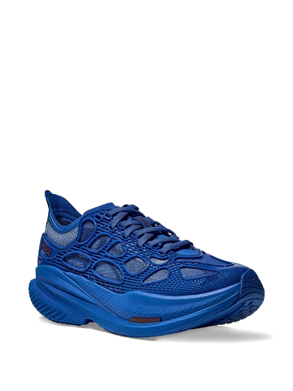 Blue lace-up caged running sneaker with textured mesh and thick rocker sole
