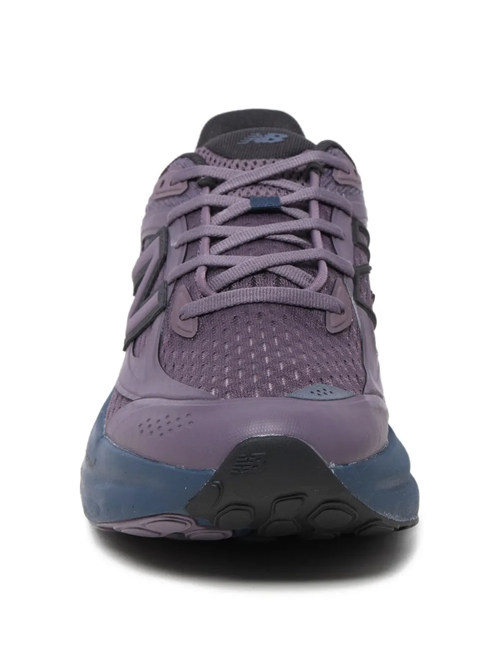 New Balance Fresh Foam sneakers, front view, purple lace-up with blue cushioned sole.