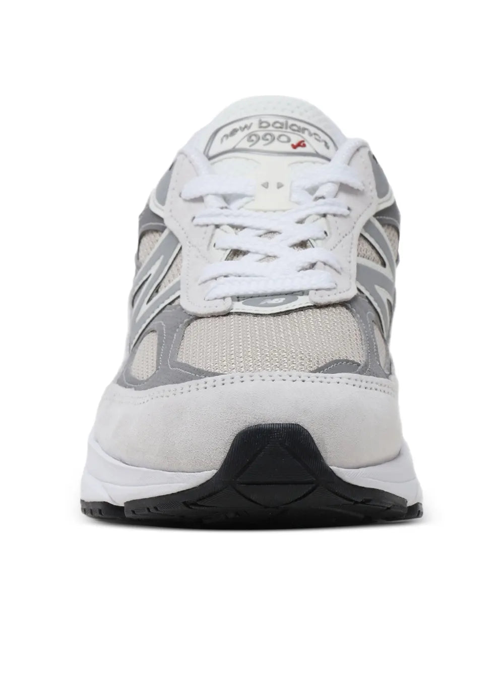 Grey and white New Balance 990V6 sneakers, front view with lace-up and mesh upper