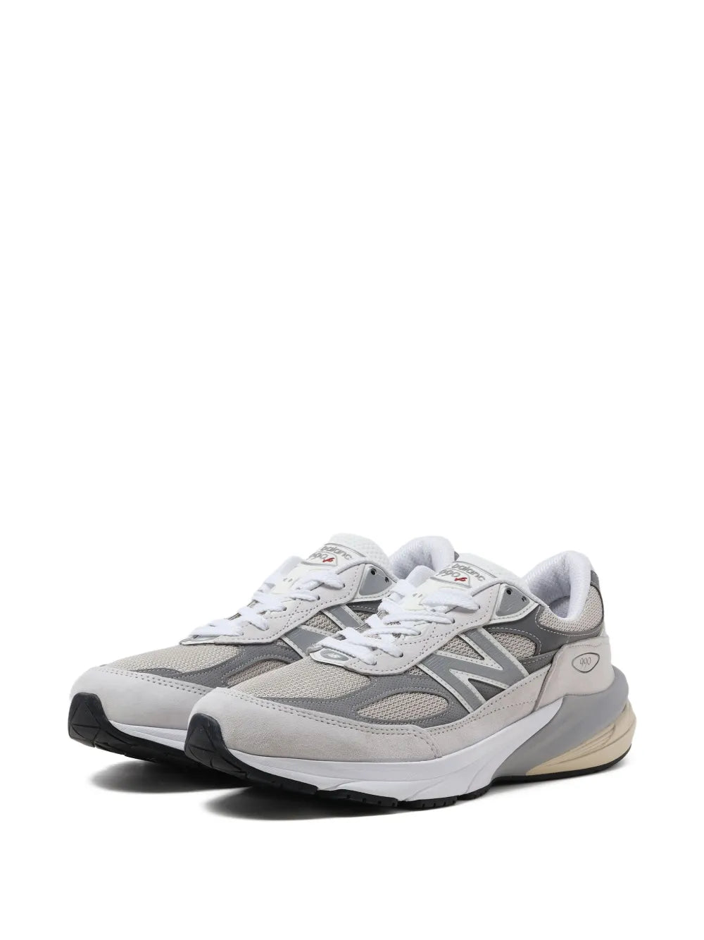 Grey and white New Balance 990V6 running sneakers, lace-up with side logo details