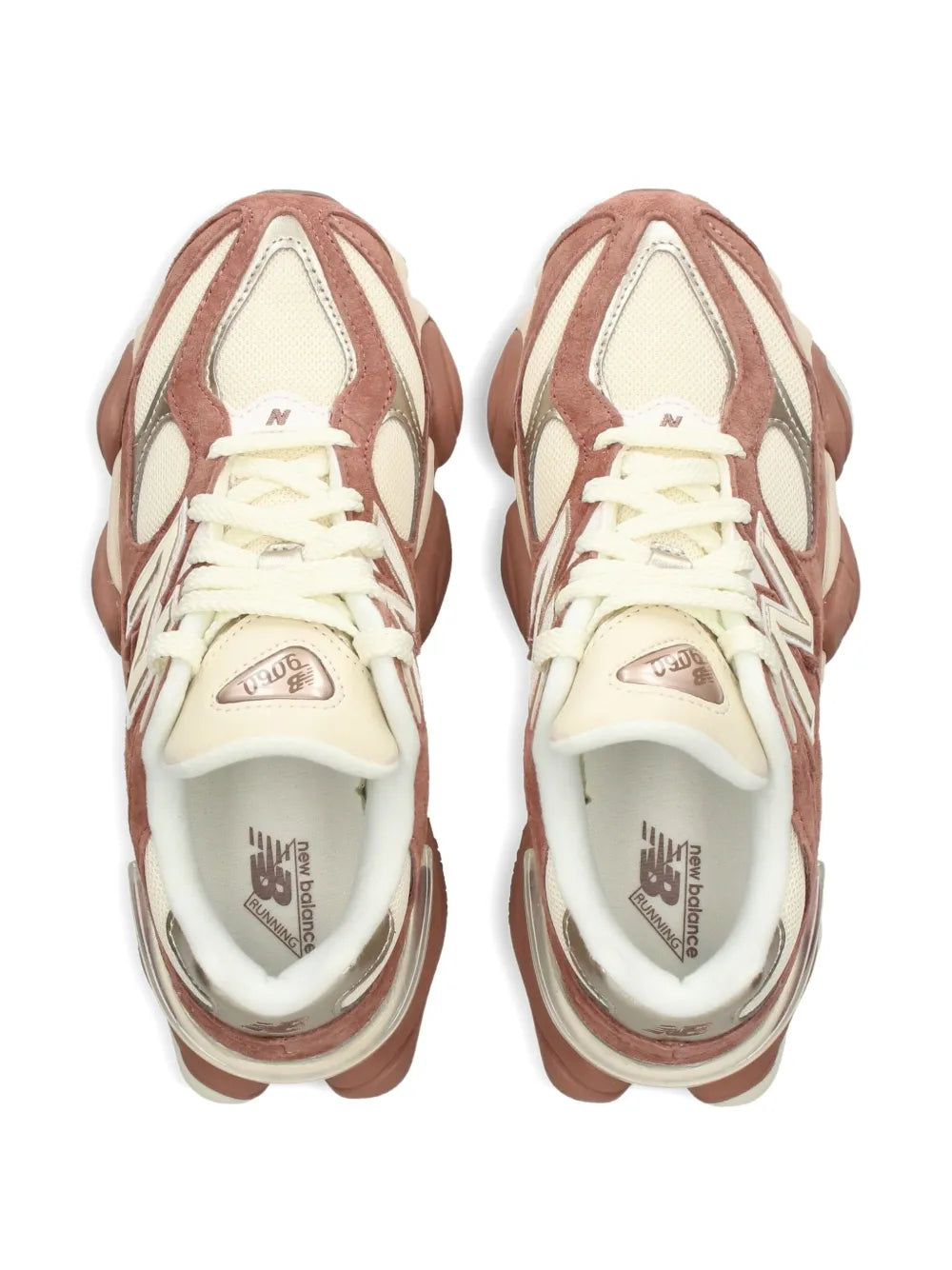 Brown-and-cream New Balance 9060 sneakers, front view with lace-up closure.