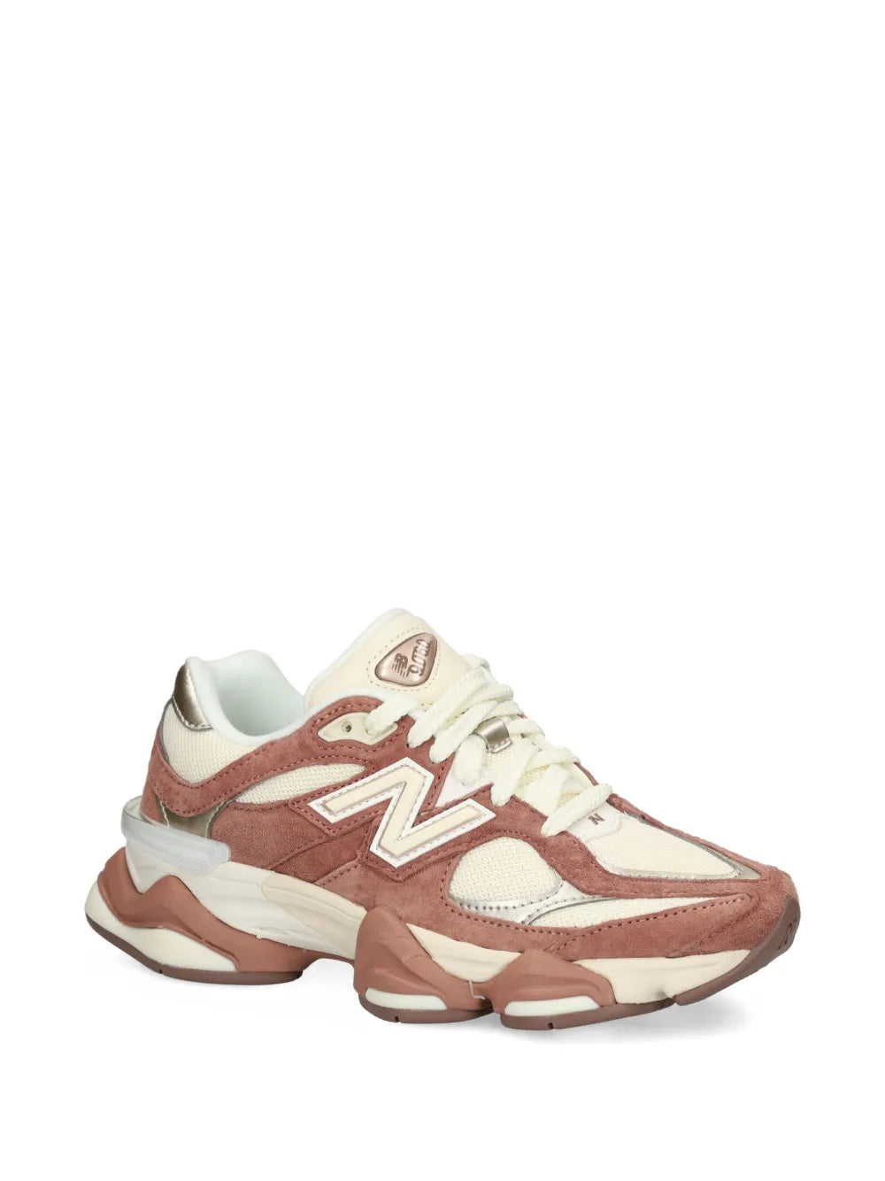 Brown New Balance 9060 sneakers, side N logo, chunky sculpted rubber sole.