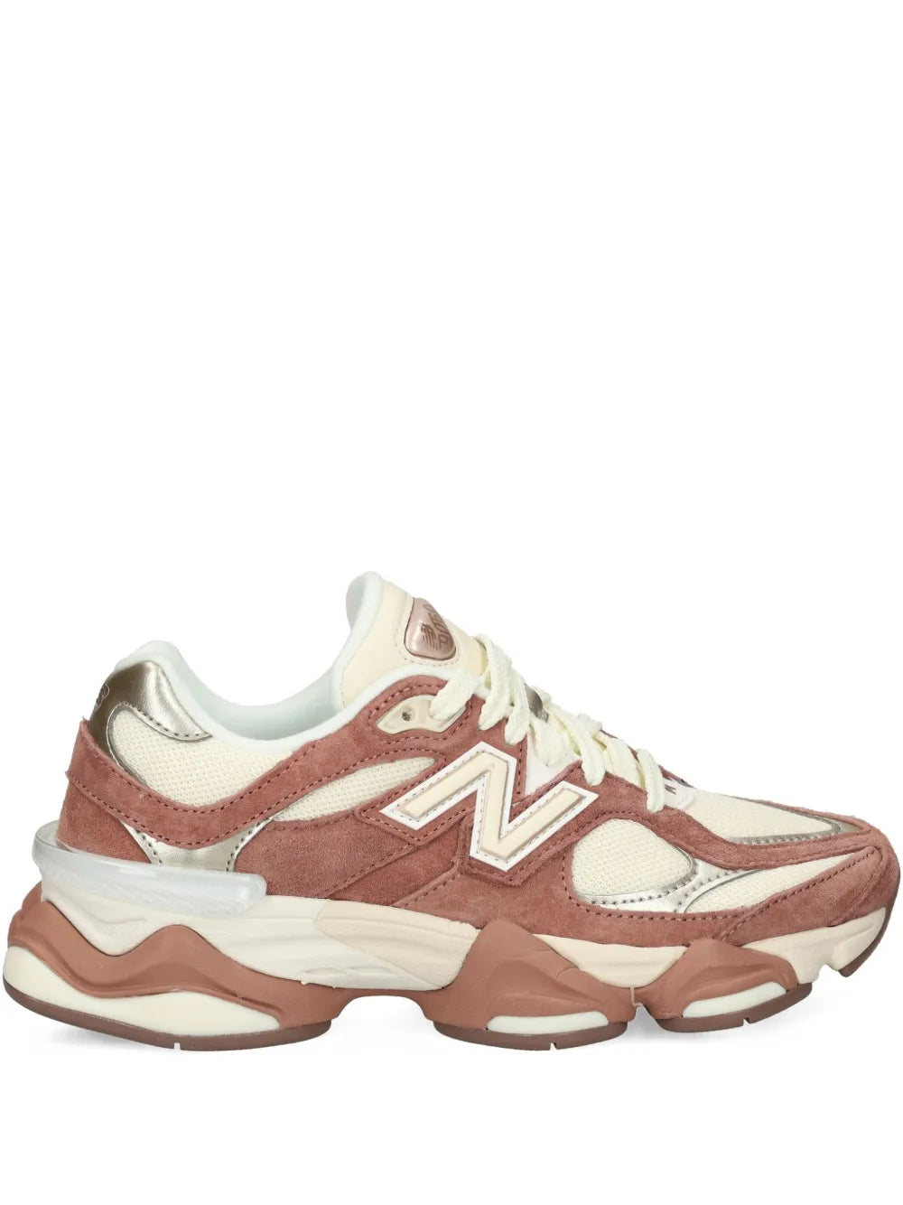 Brown New Balance 9060 sneakers, cream laces, layered suede/leather uppers.