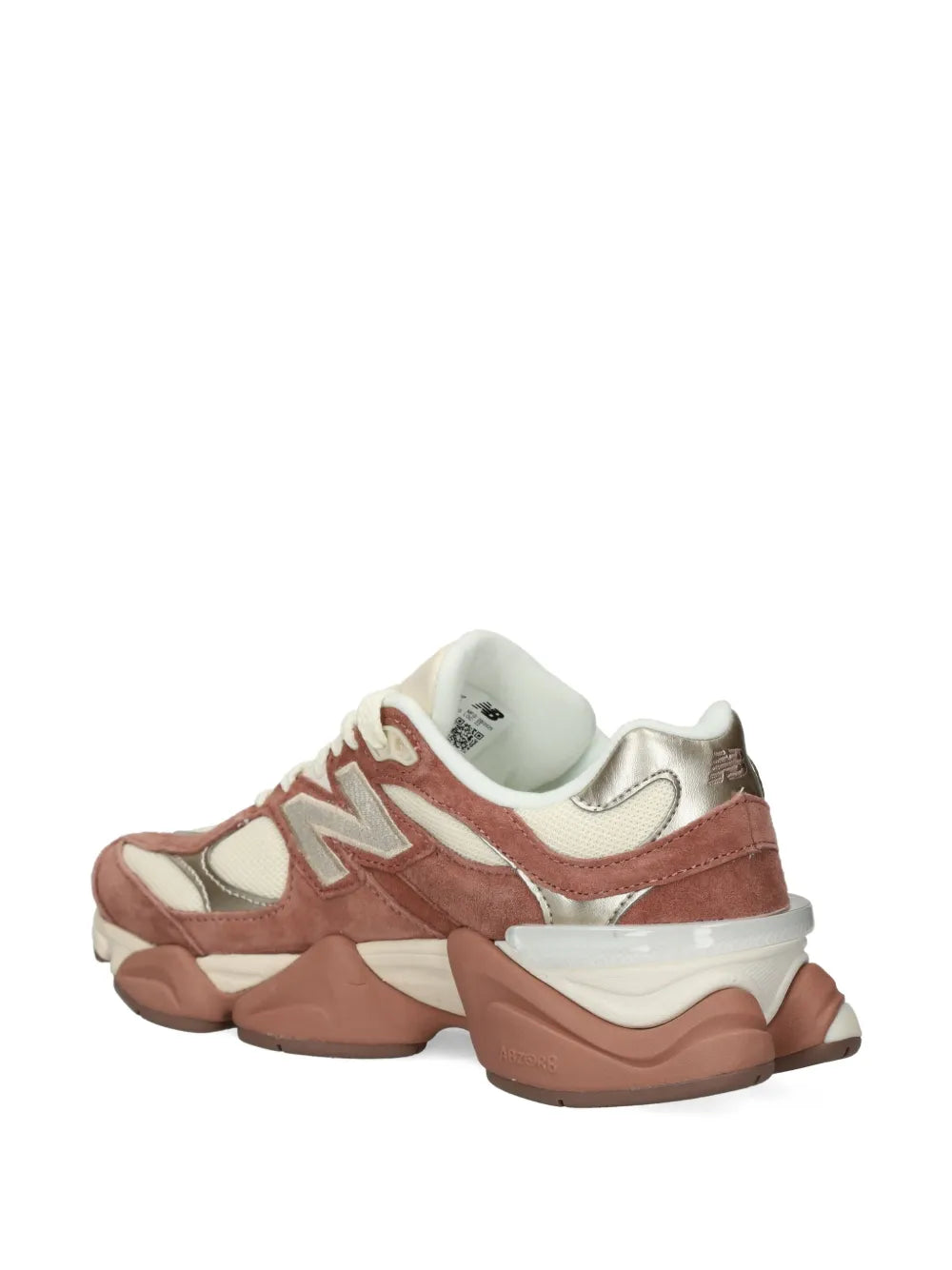 Brown New Balance 9060 sneakers, rear 3/4 view with padded collar and rubber sole.