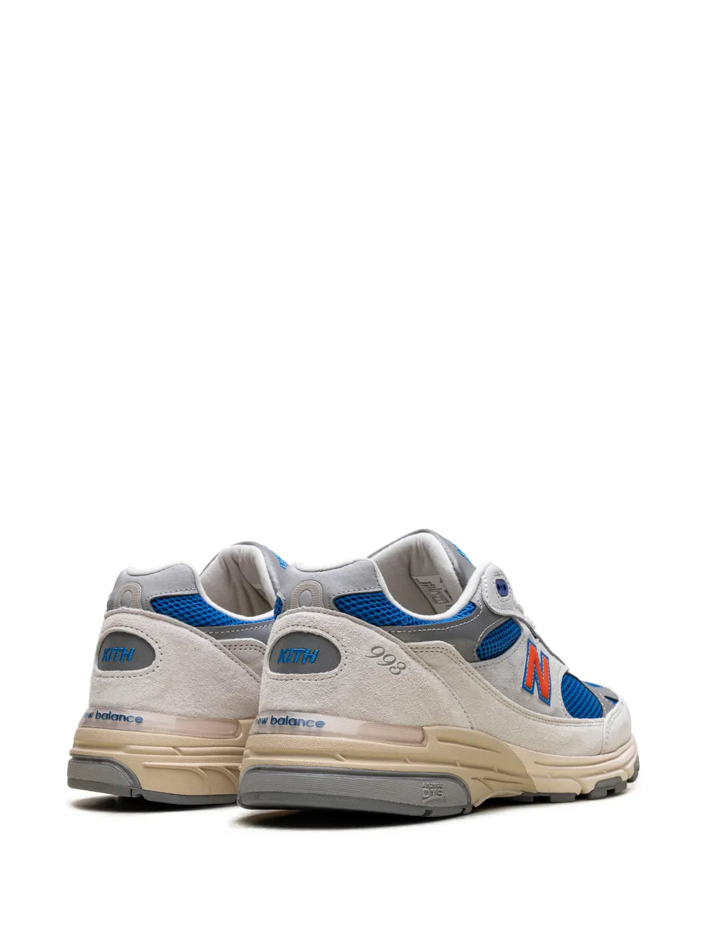 New Balance 993 lace-up sneakers, rear view with blue accents and tan midsole