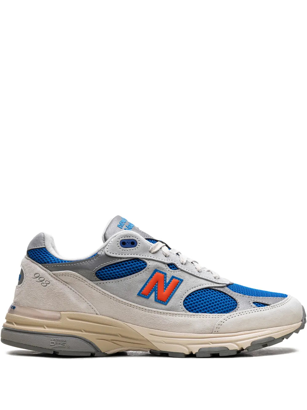 New Balance 993 lace-up sneakers in grey with blue mesh panels and N logo