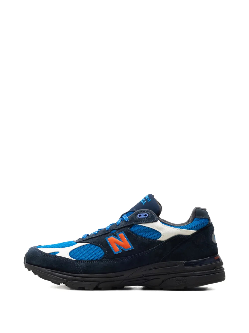Blue and navy New Balance x Kith panelled sneakers, side view with orange N