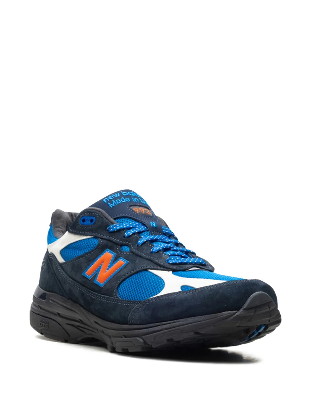 Blue and navy New Balance x Kith panelled sneakers with orange N, lace-up front