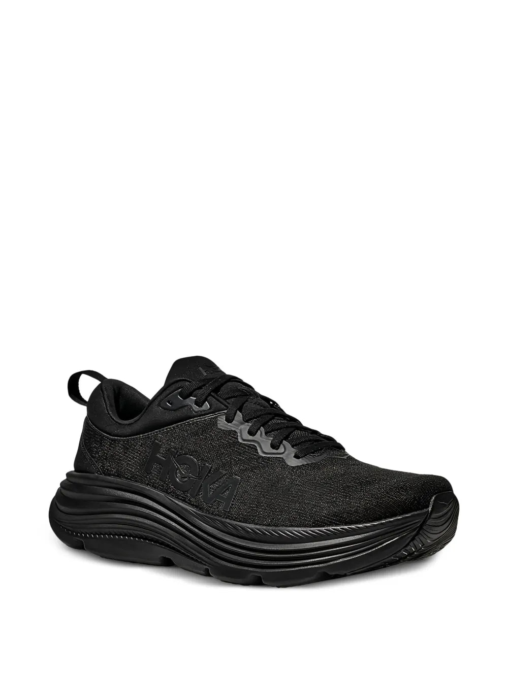 Black Hoka lace-up sneakers, 3/4 view, textured knit upper and thick ridged sole