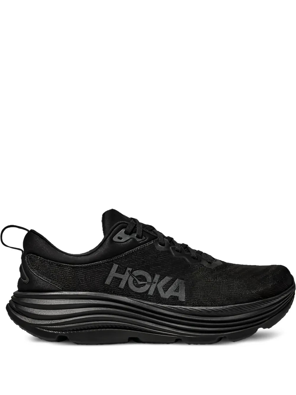 Black Hoka lace-up running sneakers with textured upper and cushioned striped midsole