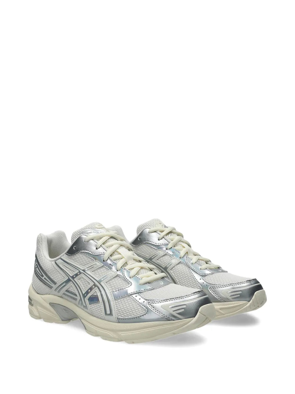 Cream and light gray running sneakers, side view with laces and GEL sole
