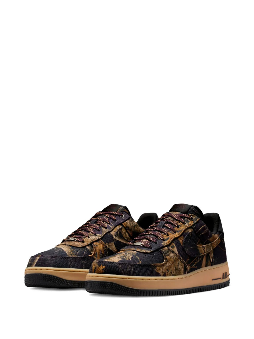 Nike Air Force 1 low top sneakers, lace-up camouflage print, black/brown, front view.