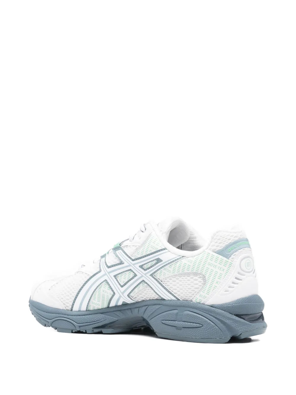 White and light-blue running trainers, heel side view, cushioned midsole and sole