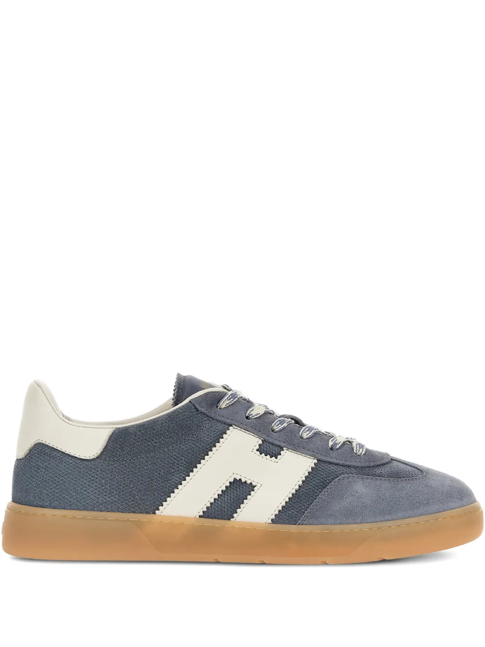 Blue low-top Hogan logo-patch sneakers with white side stripe and gum sole