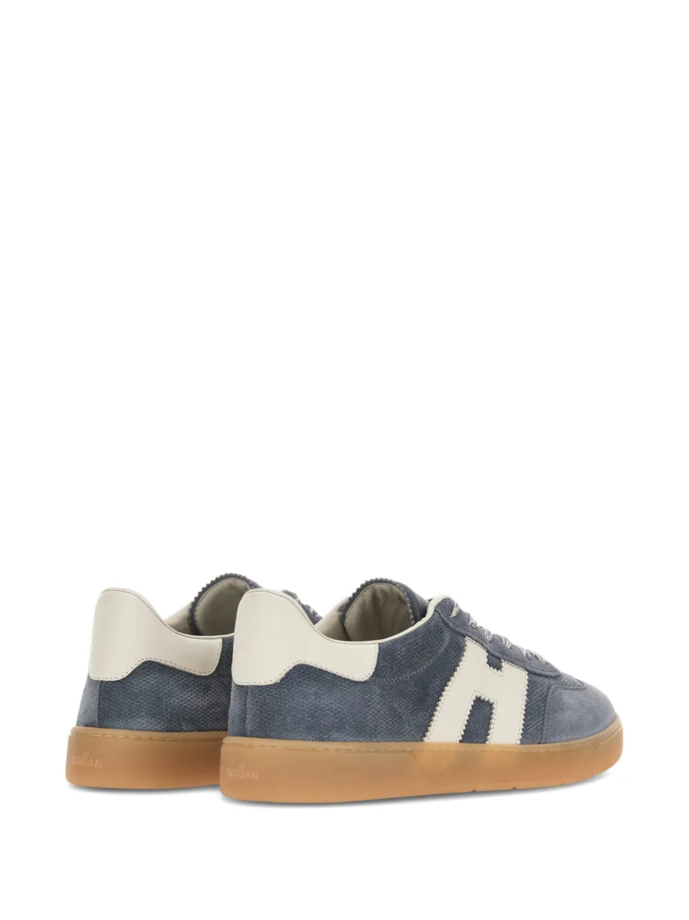 Blue Hogan logo-patch sneakers with cream heel panels and gum sole