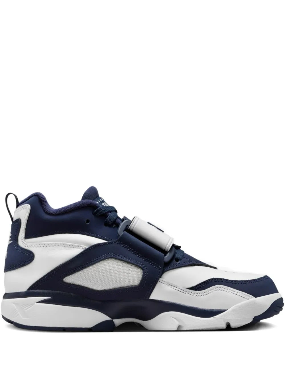 Nike Air Diamond Turf high-top trainers in white and dark blue, side view with strap