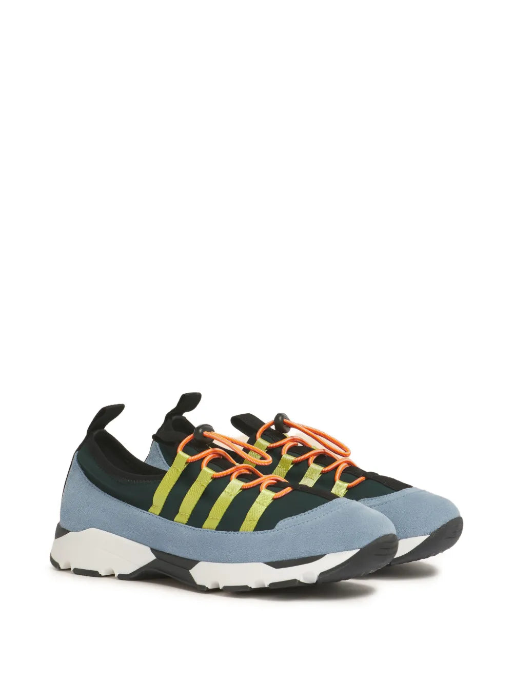 Marni side-stripe sneakers with light blue upper, yellow-green stripes, orange laces