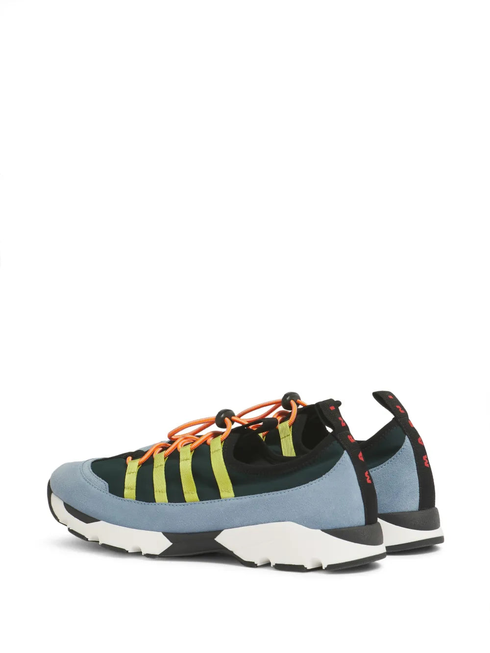 Marni side-stripe sneakers, light blue with yellow-green stripes, orange laces, dark heel