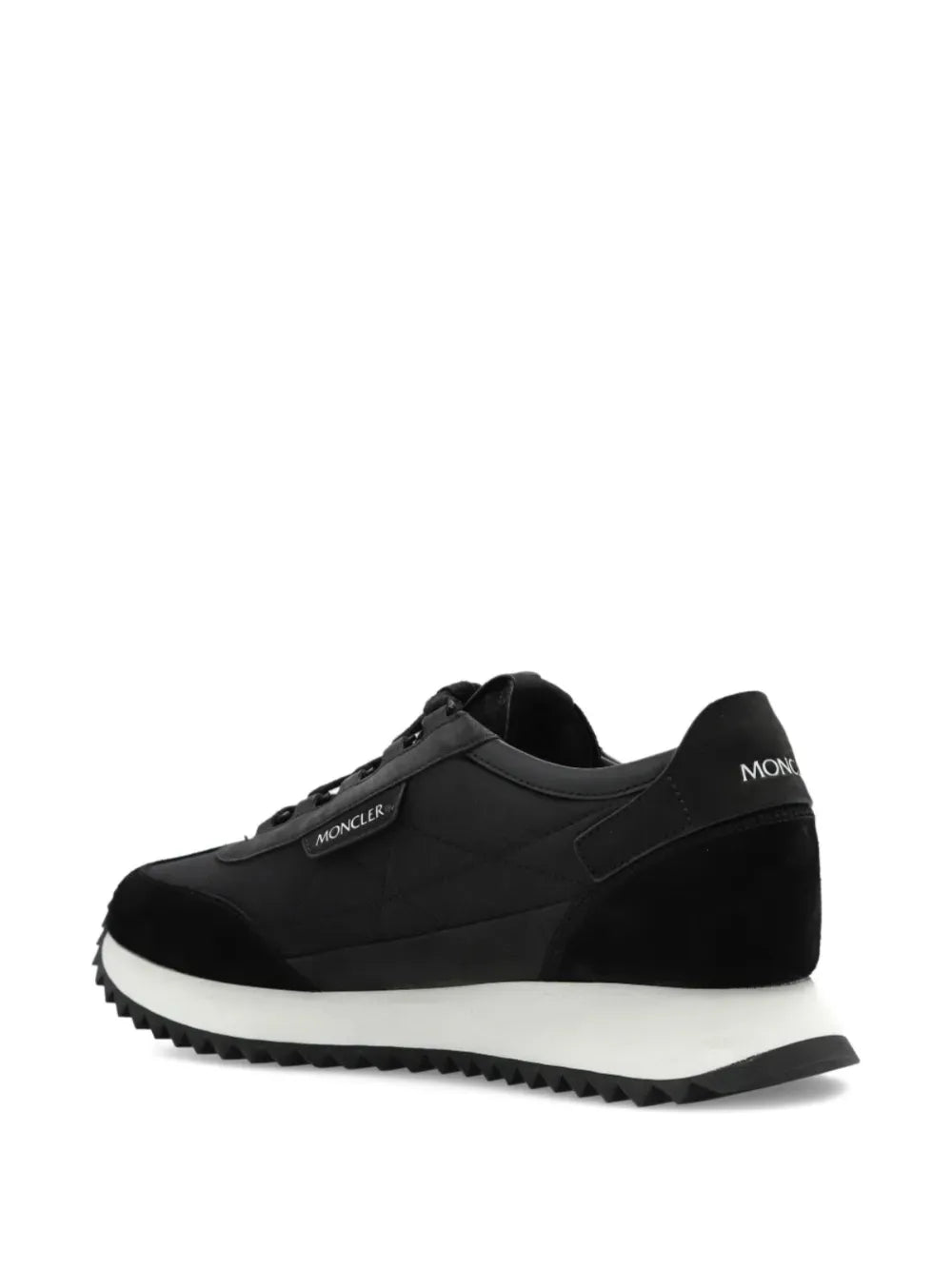 Black Moncler low-top sneaker with side logo patch and cushioned tread sole