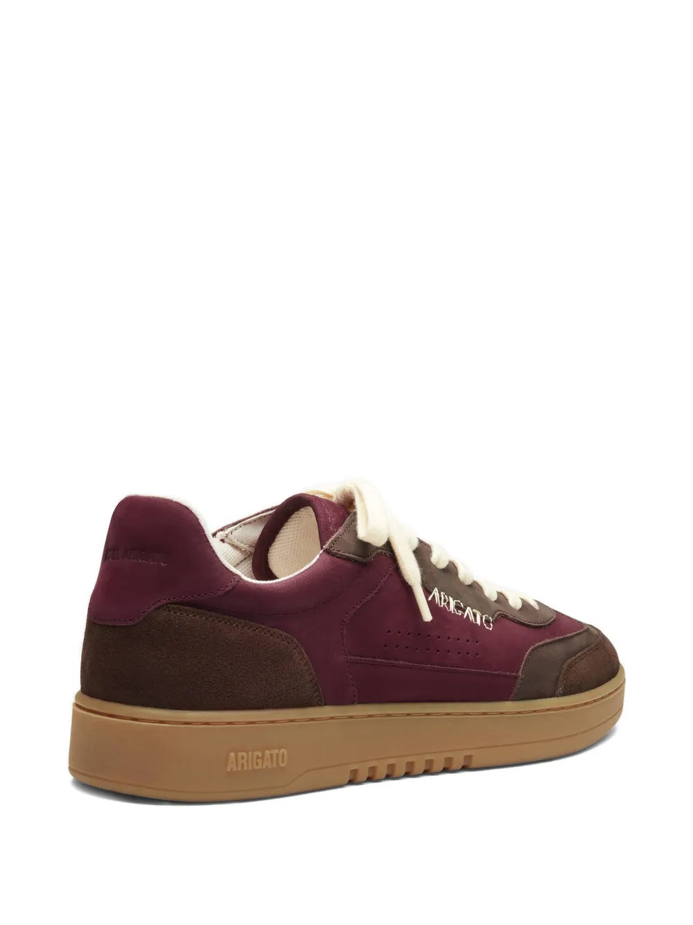 Axel Arigato T-Toe Dice sneaker, side view in burgundy with brown heel and gum sole