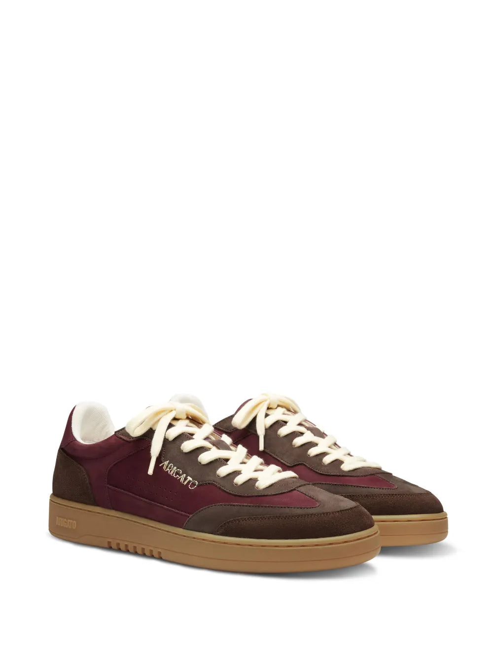 Axel Arigato sneaker, burgundy and brown upper with cream laces and gum sole