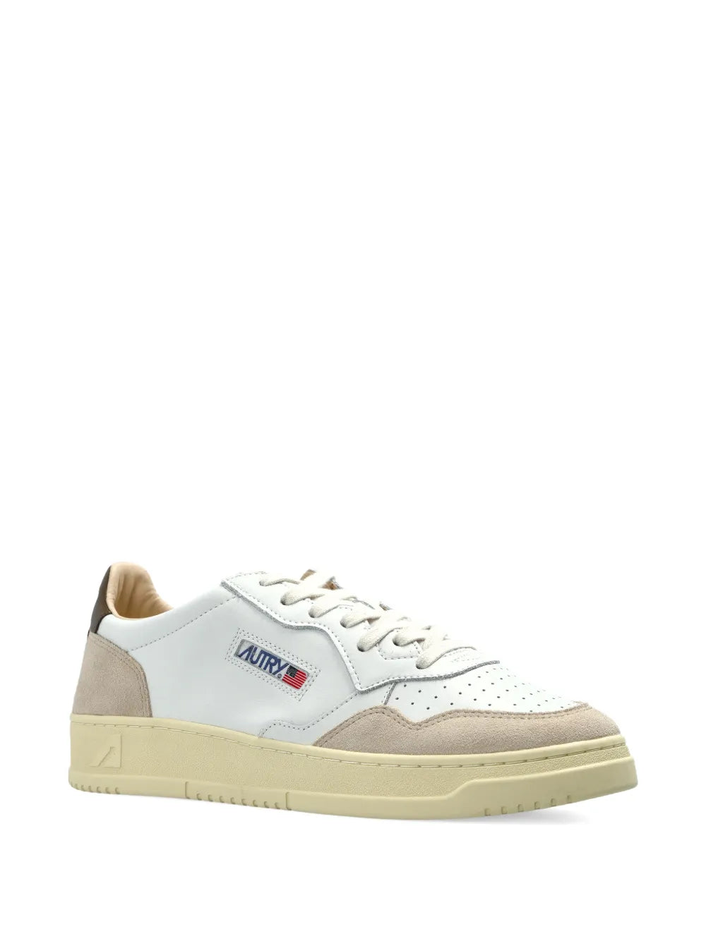 White leather low-top sneakers with beige suede panels and side logo, gum sole.