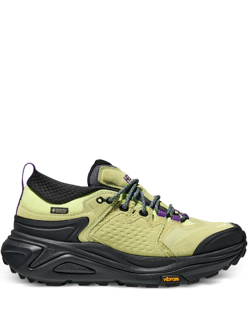 Hoka Kaha 3 low GTX hiking sneakers, light green with black panels, purple laces