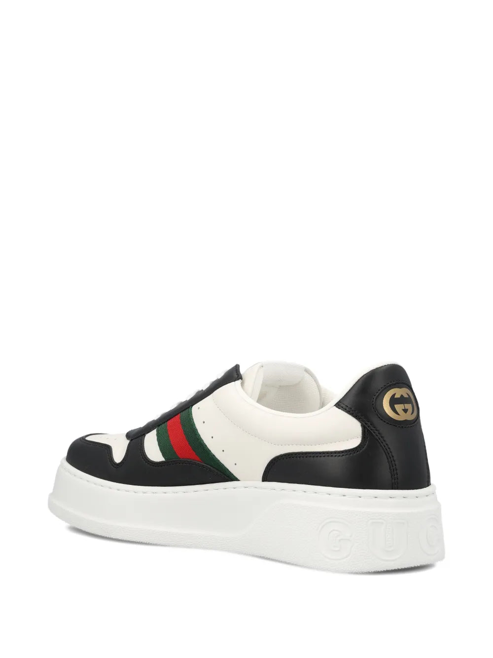 Gucci platform sneakers with black heel logo, black-and-white uppers, Web stripe, white sole