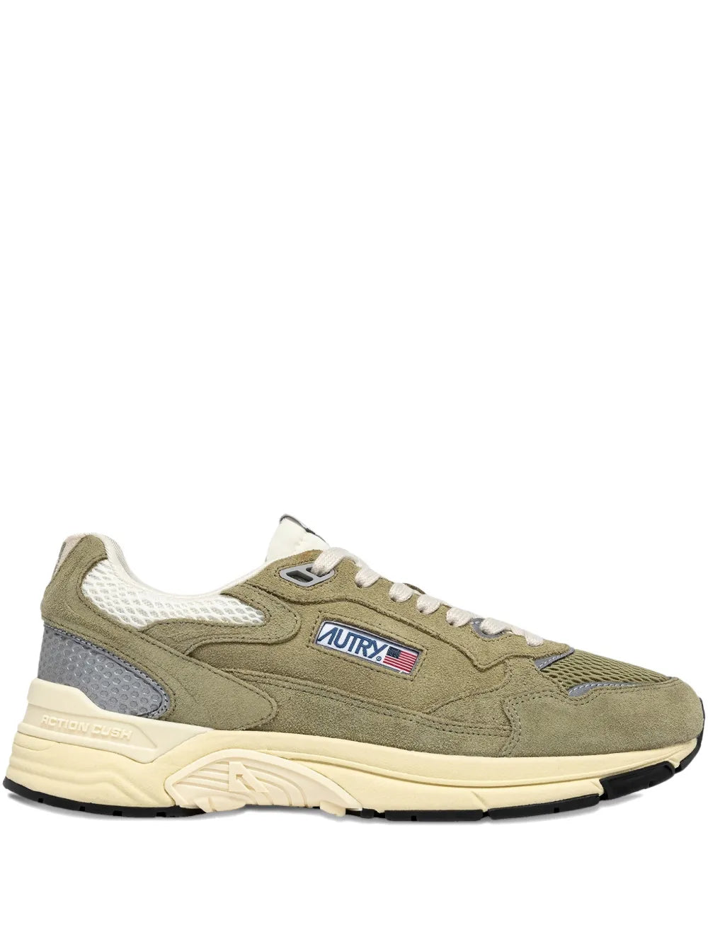 Olive green suede low-top sneakers with white laces and rubber sole