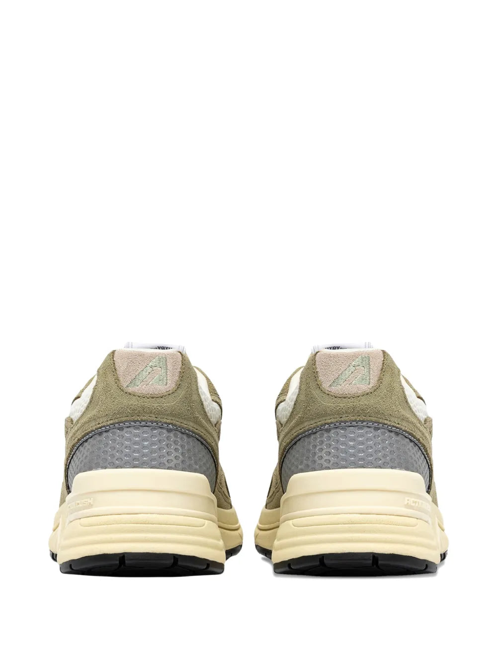 Olive green suede sneakers, heel view with cushioned back tab and cream midsole