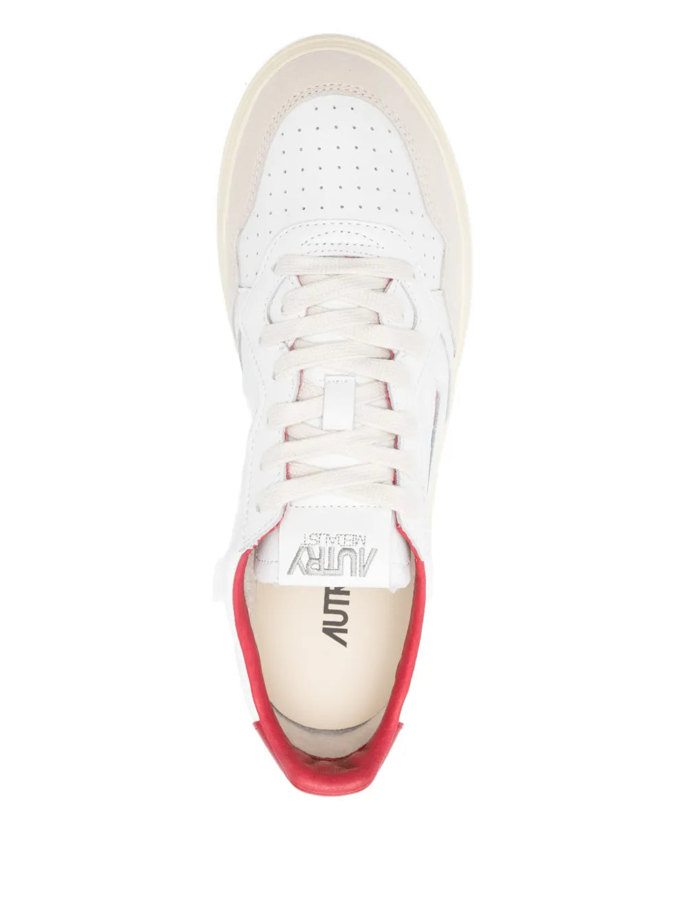 White lace-up low trainers with red interior lining, perforated toe