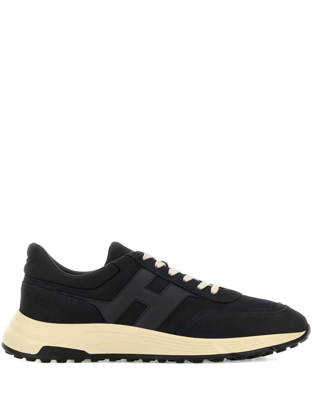 Suede low-top sneakers in dark blue with lace-up front and cream rubber sole
