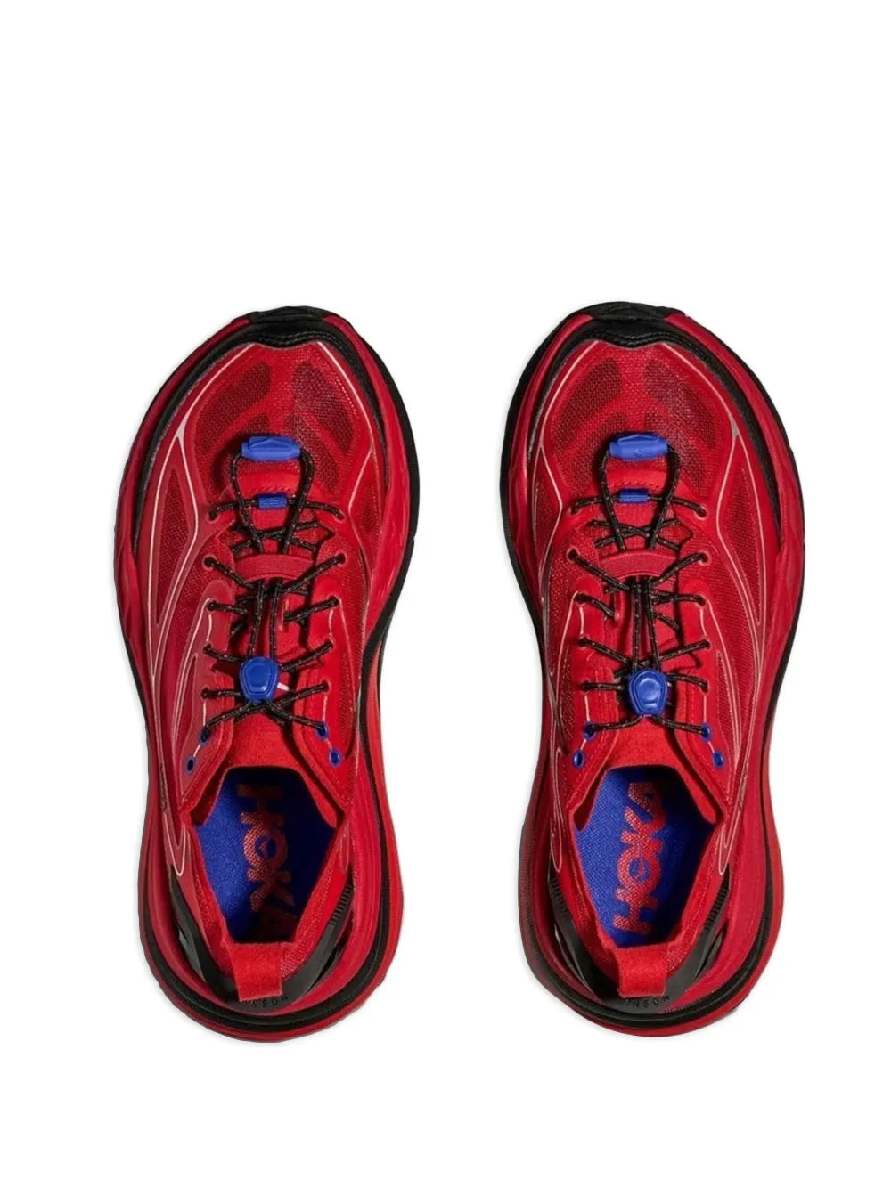 Hoka Stinson One sneakers, red uppers with blue laces, front view pair