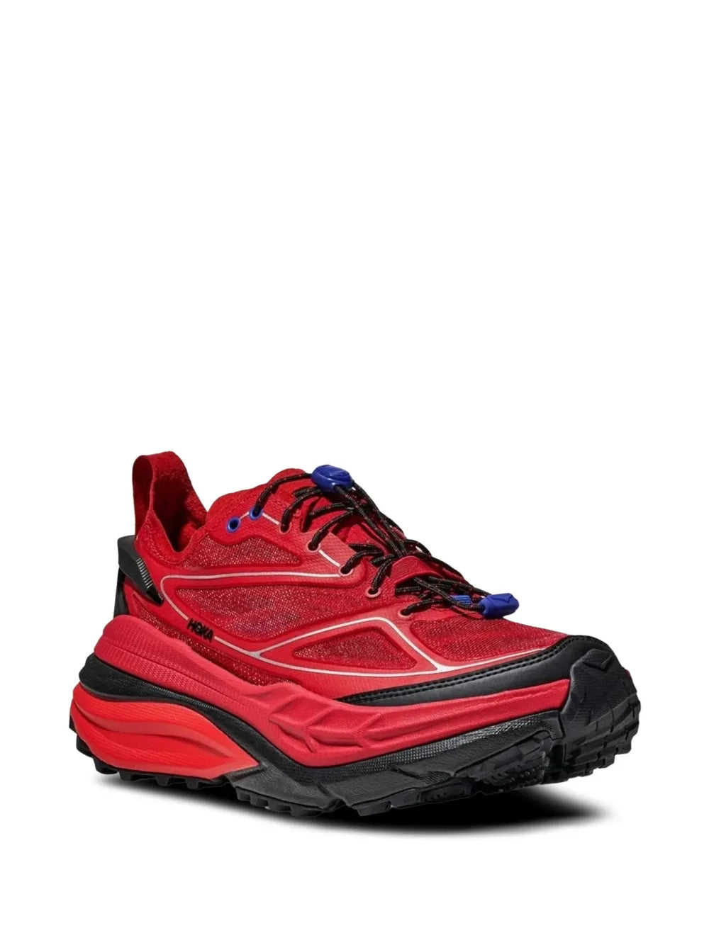 Hoka Stinson One sneakers, red upper with black midsole, blue lace eyelets, rugged sole