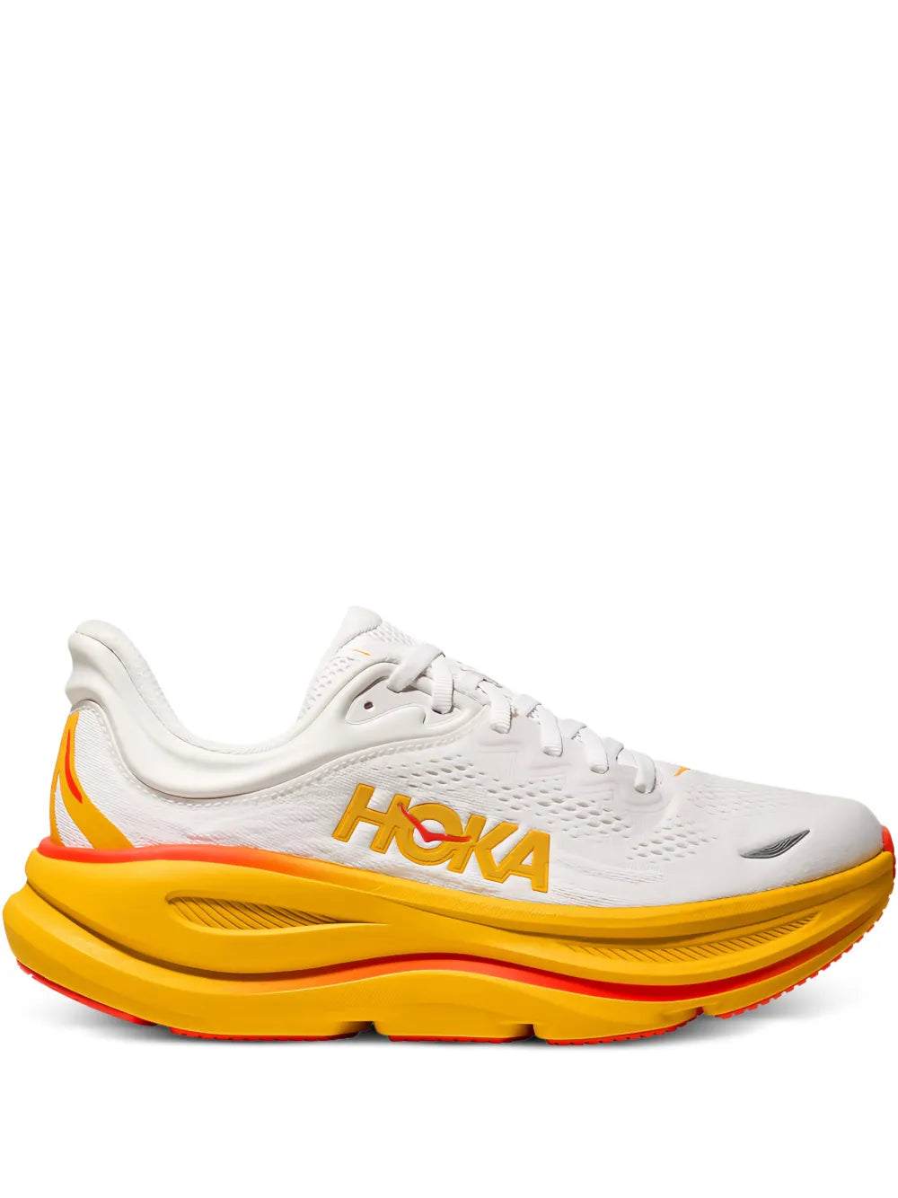 White low-top running sneakers with HOKA logo, orange accents, and thick yellow sole