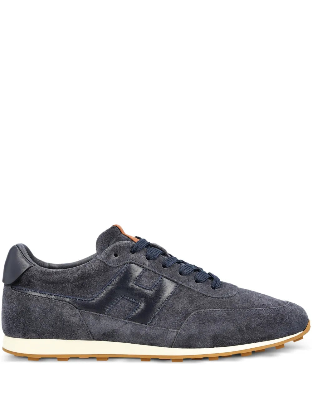 Hogan logo-patch sneakers in navy suede with lace-up front and gum sole