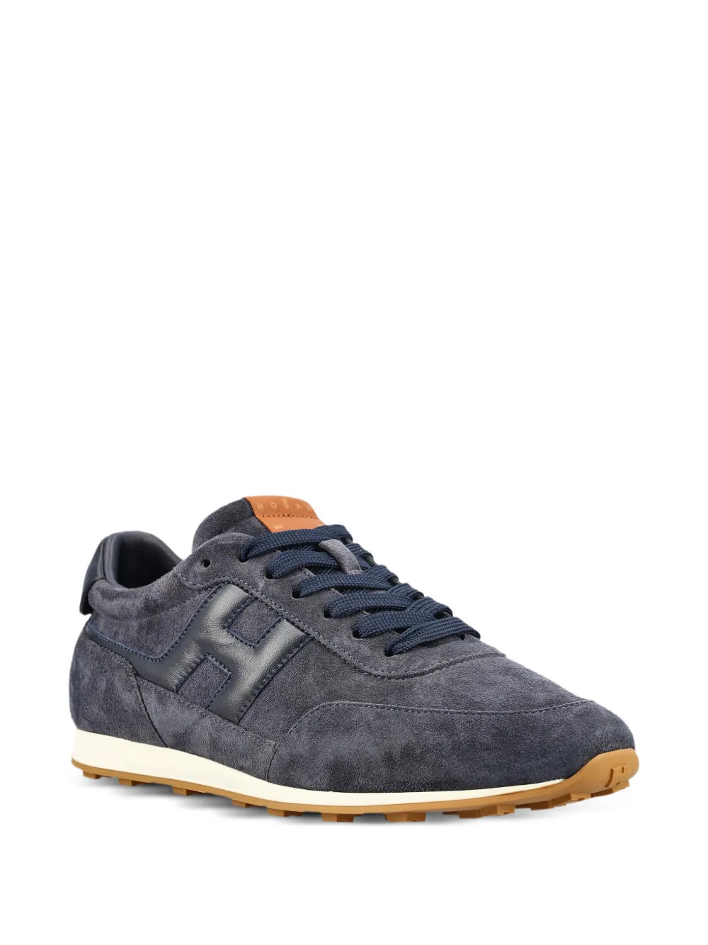 Hogan logo-patch sneakers side view, navy suede with lace-up and gum outsole