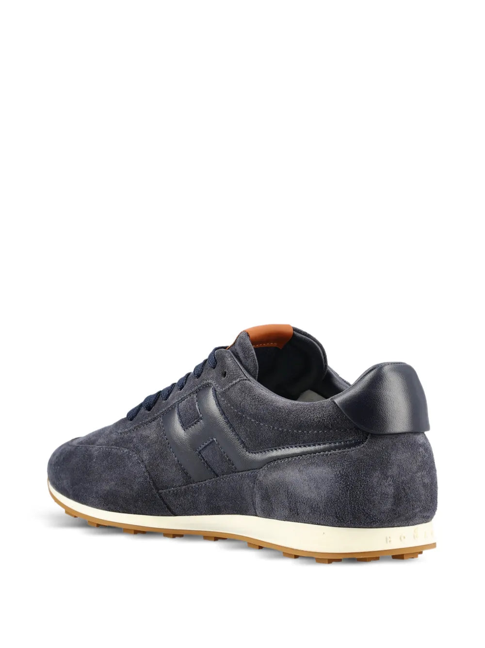 Hogan logo-patch sneakers heel view, navy suede with cushioned collar and gum sole
