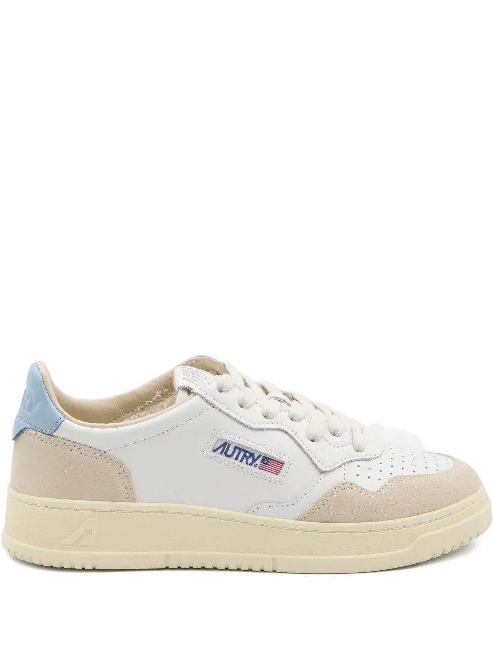 White and beige leather low-top sneakers with blue heel tab and lace-up front