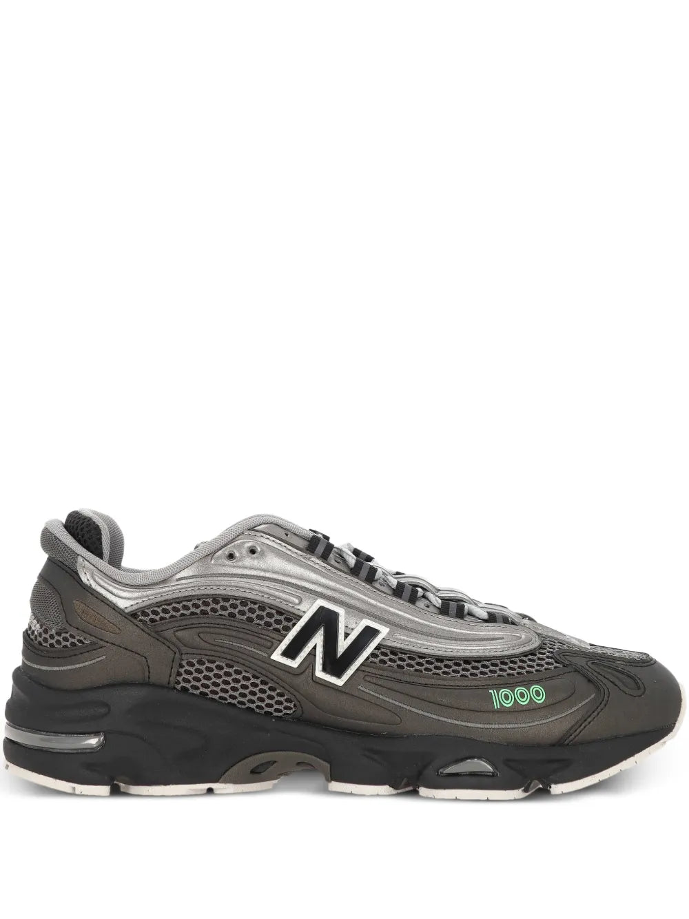 Black and gray panelled running sneakers with N logo, lace-up, green 1000 details