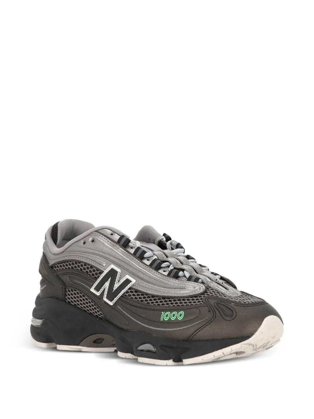 Gray panelled sneakers with N logo, lace-up, chunky sole, green 1000 branding