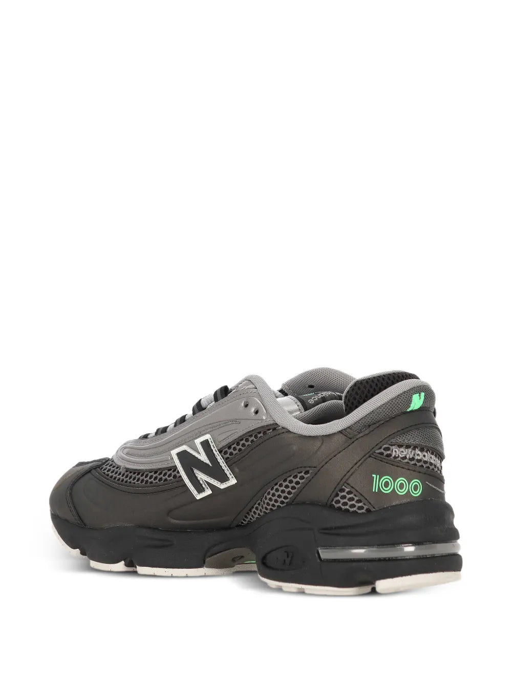 Dark gray panelled sneakers, N side logo, lace-up, rear heel green 1000 mark