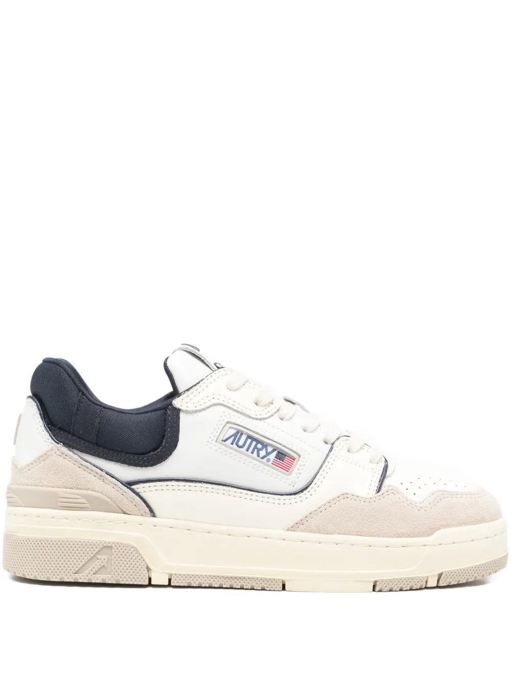White and navy Autry CLC sneakers with lace-up front and side logo
