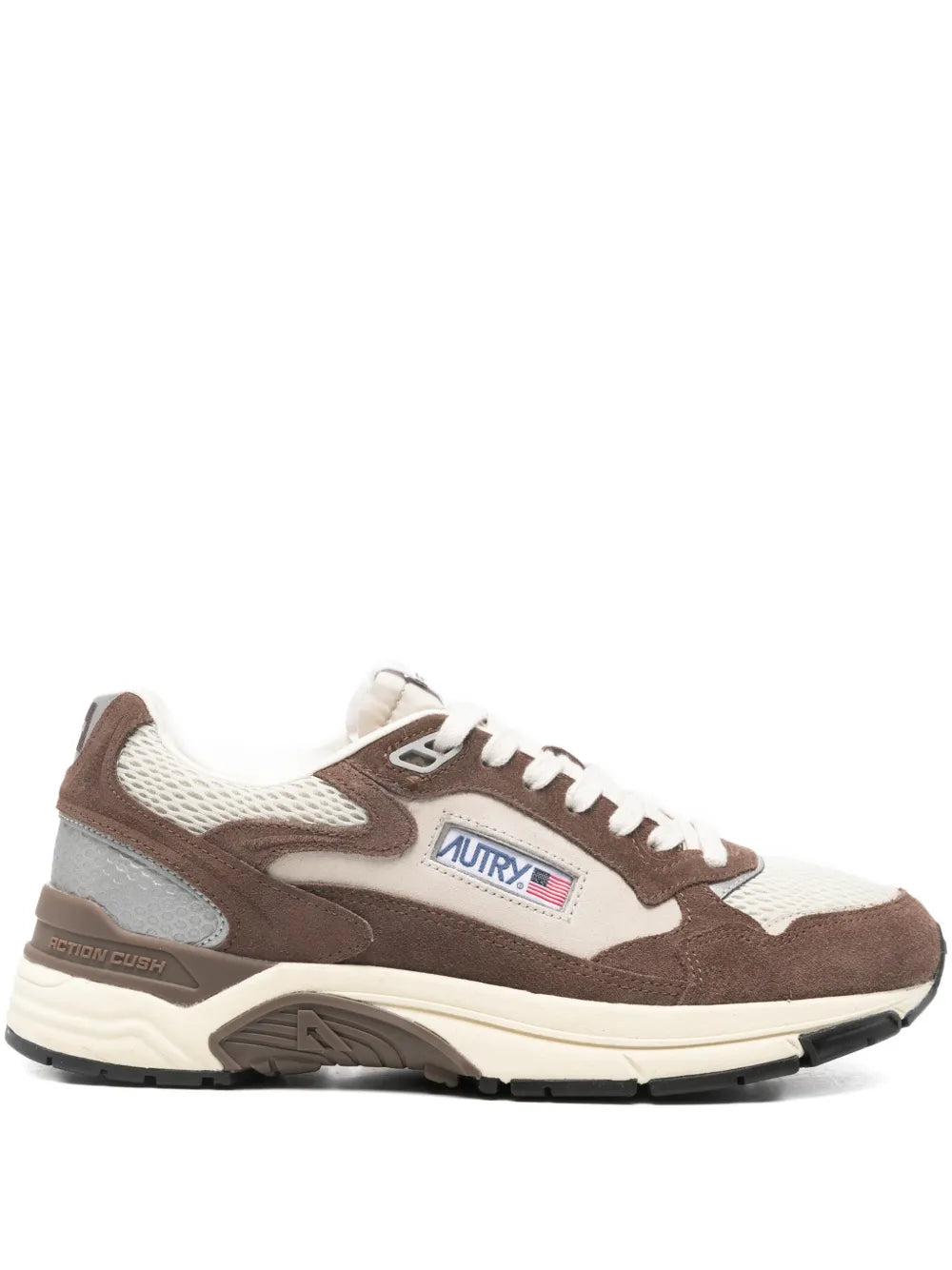 Brown and cream lace-up sneakers with Autry logo patch on the side