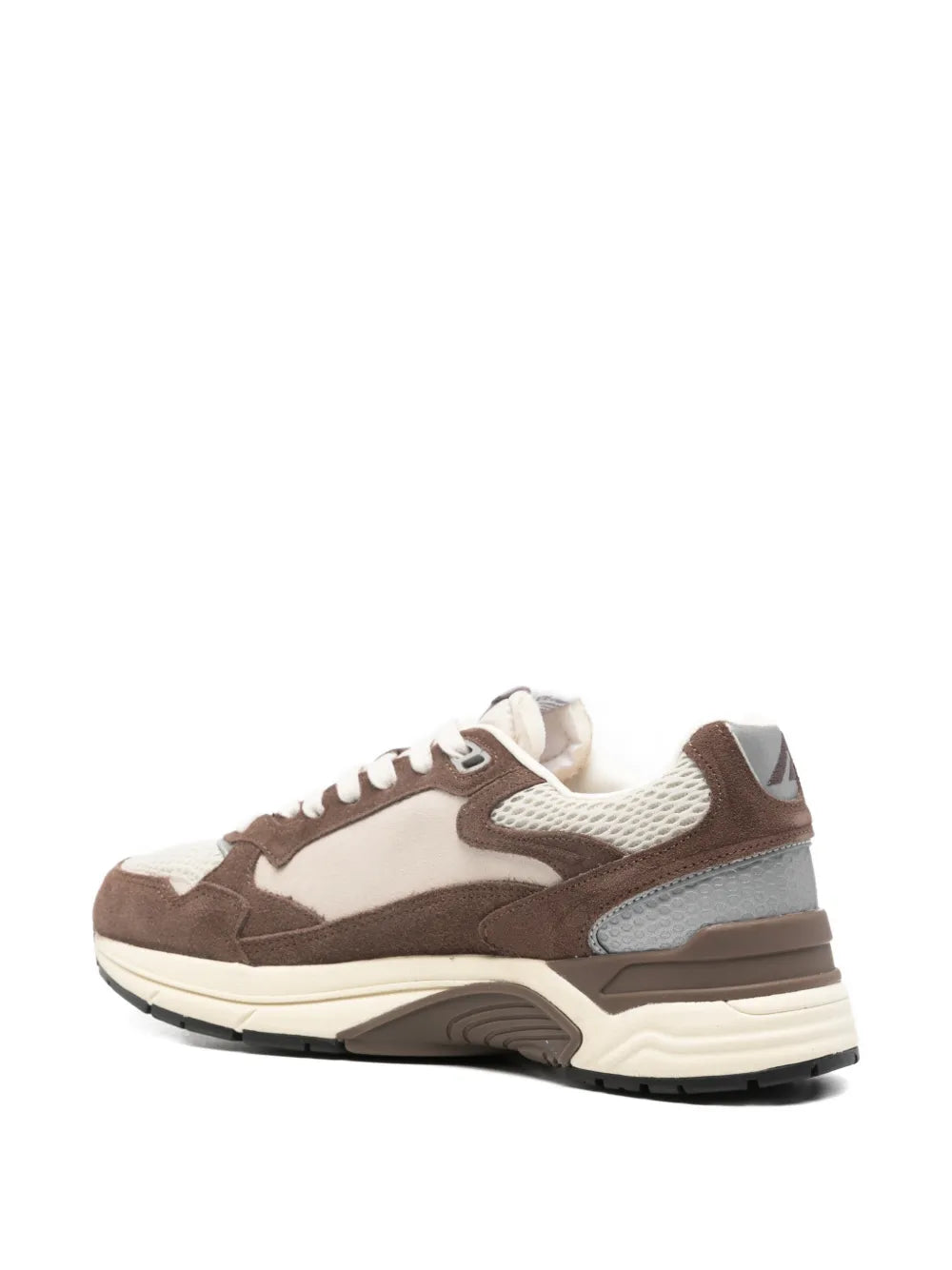 Brown and cream lace-up sneakers with gray heel panel and chunky sole