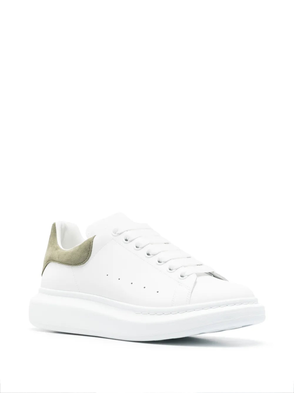 White lace-up low-top sneaker with olive collar trim and side profile