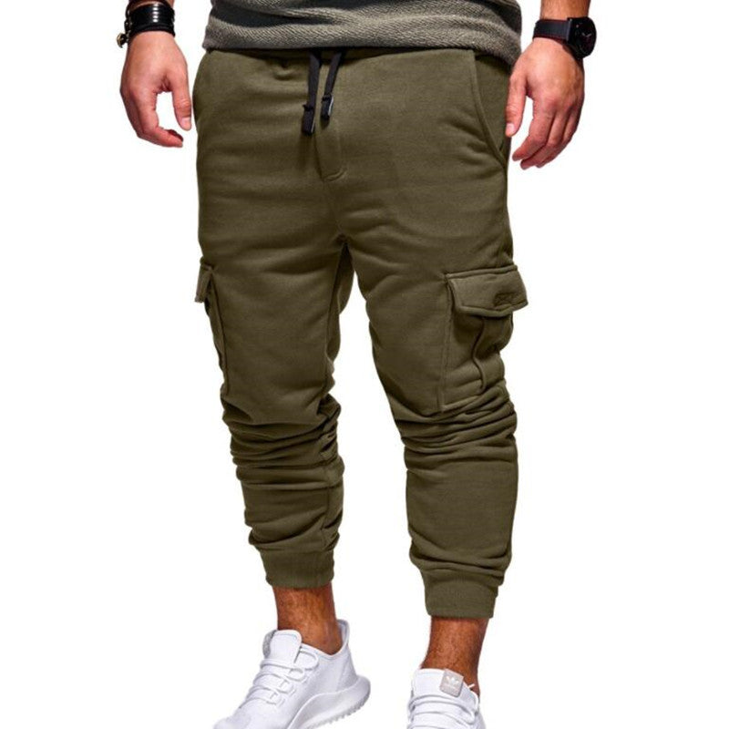 Men’s cargo sweatpants in olive green, drawstring waistband, cargo side pockets, cuffed hem.