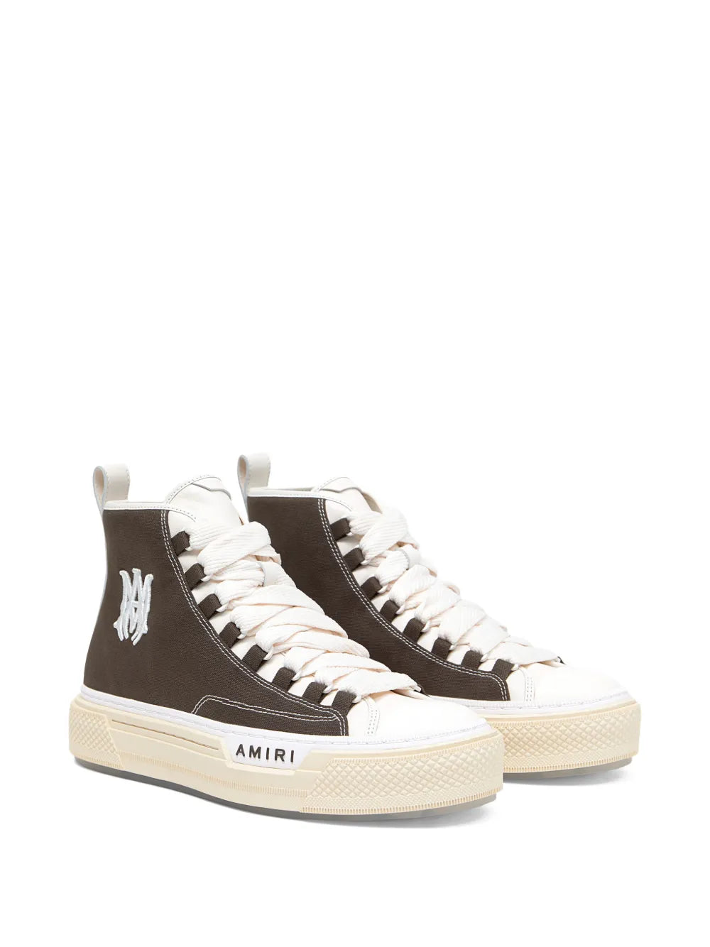 Pair of dark brown high-top sneakers with white laces, AMIRI logos, cream textured sole