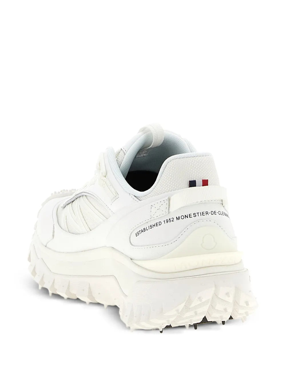 Moncler white lace-up sneakers with rear logo patch and navy heel lining