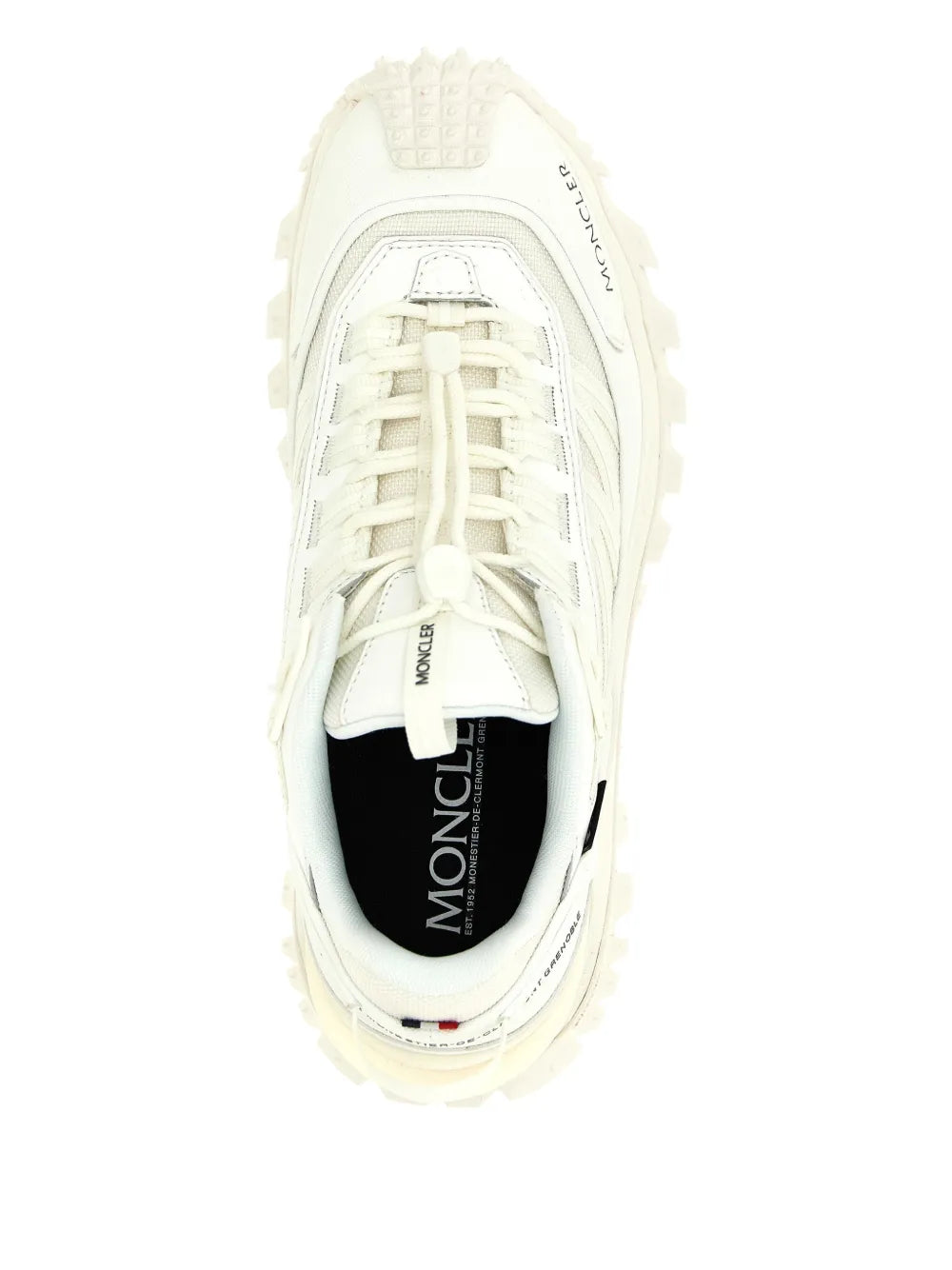 Moncler white lace-up sneakers with front mesh panels and rugged tread sole